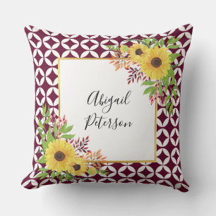Watercolor sunflowers, burgundy geometric pattern cushion