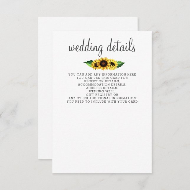 Watercolor Sunflowers Country Rustic Wedding Enclosure Card (Front/Back)