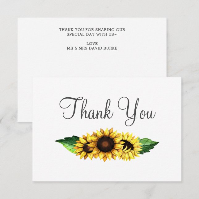 Watercolor Sunflowers Country Rustic Wedding Thank You Card (Front/Back)