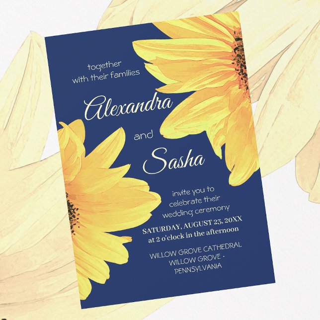 Watercolor Sunflowers dark blue Minimalist Wedding Invitation (Creator Uploaded)