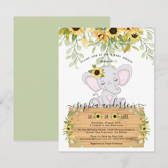 Watercolor Sunflowers & Elephant Girl Baby shower  Invitation (Front/Back)
