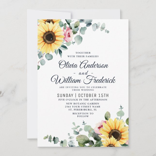 Watercolor Sunflowers Eucalyptus Bloom Wedding Invitation (Front)