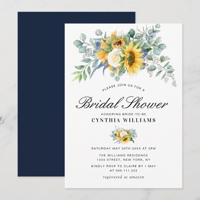 watercolor sunflowers eucalyptus bridal shower invitation (Front/Back)