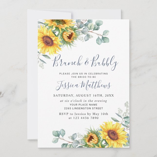 Watercolor Sunflowers Eucalyptus Brunch & Bubbly Invitation (Front)