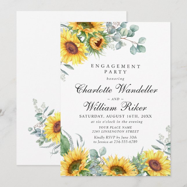 Watercolor Sunflowers Eucalyptus ENGAGEMENT PARTY Invitation (Front/Back)
