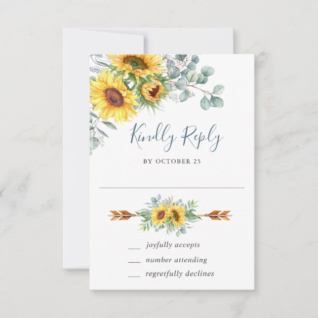 Watercolor Sunflowers Eucalyptus Wedding RSVP Card (Front)