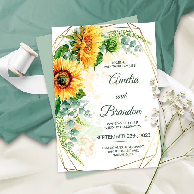 Watercolor Sunflowers Faux Gold Foil Frame Wedding Invitation (Creator Uploaded)