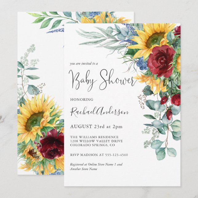 Watercolor Sunflowers Floral Baby Shower Invitation (Front/Back)