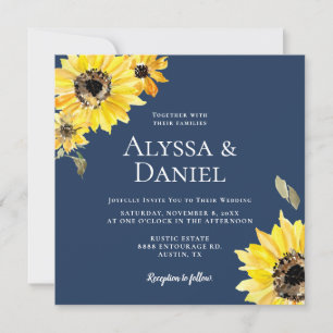 Watercolor Sunflowers floral Blue Rustic wedding  Invitation