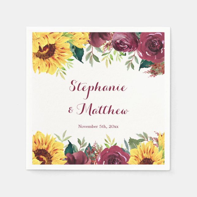 Watercolor Sunflowers Floral Border Wedding Napkin (Front)