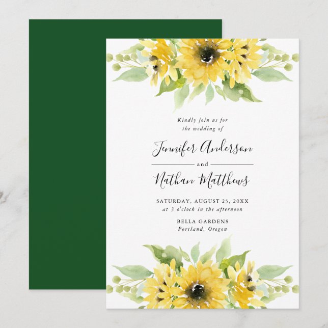 Watercolor Sunflowers Floral Bouquets | Wedding Invitation (Front/Back)