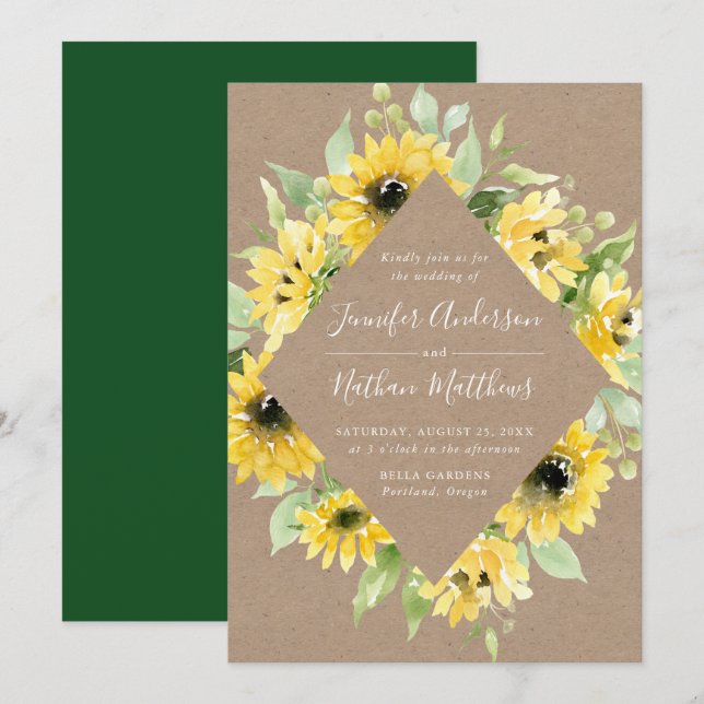 Watercolor Sunflowers Floral Frame Rustic Wedding Invitation (Front/Back)