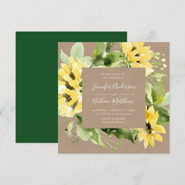 Watercolor Sunflowers Floral Frame Square Wedding Invitation (Front/Back)