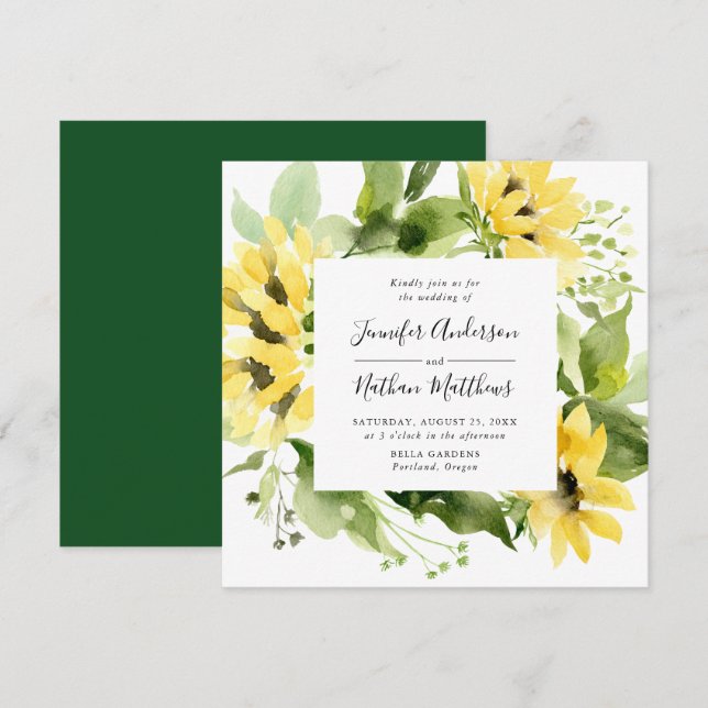 Watercolor Sunflowers Floral Frame Square Wedding Invitation (Front/Back)