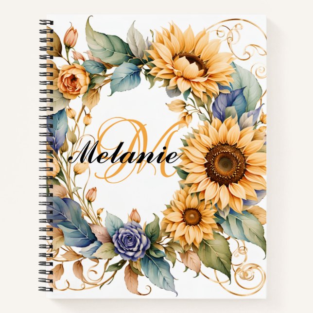 Watercolor Sunflowers | Floral Name & Monogram Mug Notebook (Front)