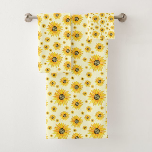 Watercolor Sunflowers Floral Pattern Bath Towel Set (Insitu)