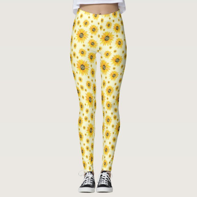 Watercolor Sunflowers Floral Pattern Leggings (Front)