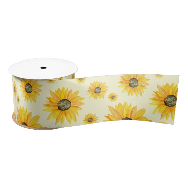 Watercolor Sunflowers Floral Pattern Satin Ribbon (Spool)