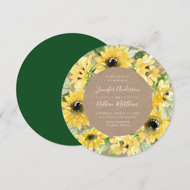 Watercolor Sunflowers Floral Wreath Rustic Wedding Invitation (Front/Back)