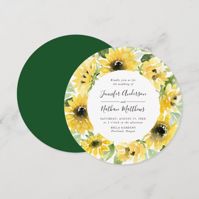 Watercolor Sunflowers Floral Wreath | Wedding Invitation (Front/Back)