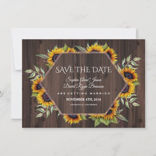 Watercolor Sunflowers Geometric Wood Wedding Save The Date (Front)