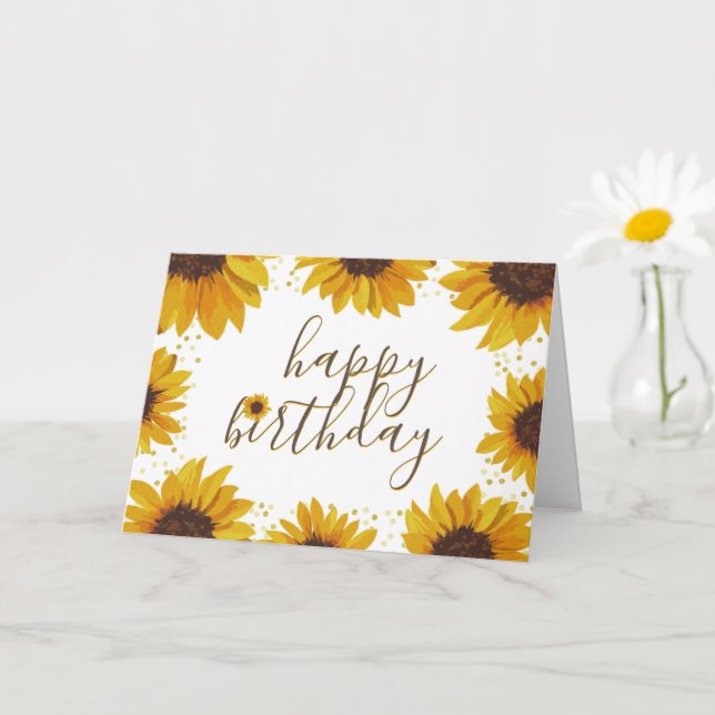 Watercolor Sunflowers & Gold Dots Happy Birthday Card (Small Plant)