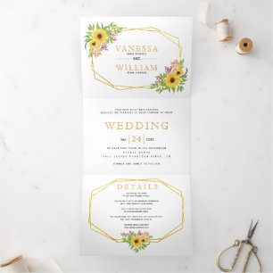 Watercolor sunflowers gold geometric wedding Tri-Fold invitation