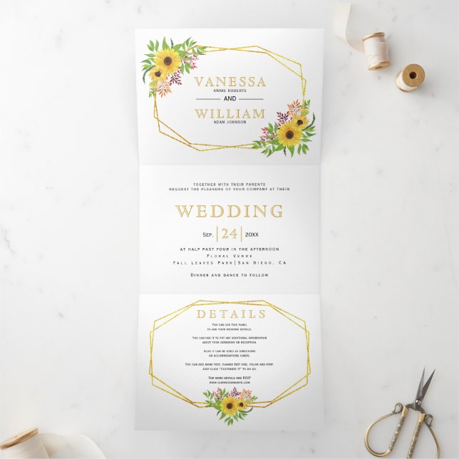 Watercolor sunflowers gold geometric wedding Tri-Fold invitation (Inside)