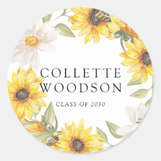 Watercolor Sunflowers Greenery Graduation  Classic Round Sticker