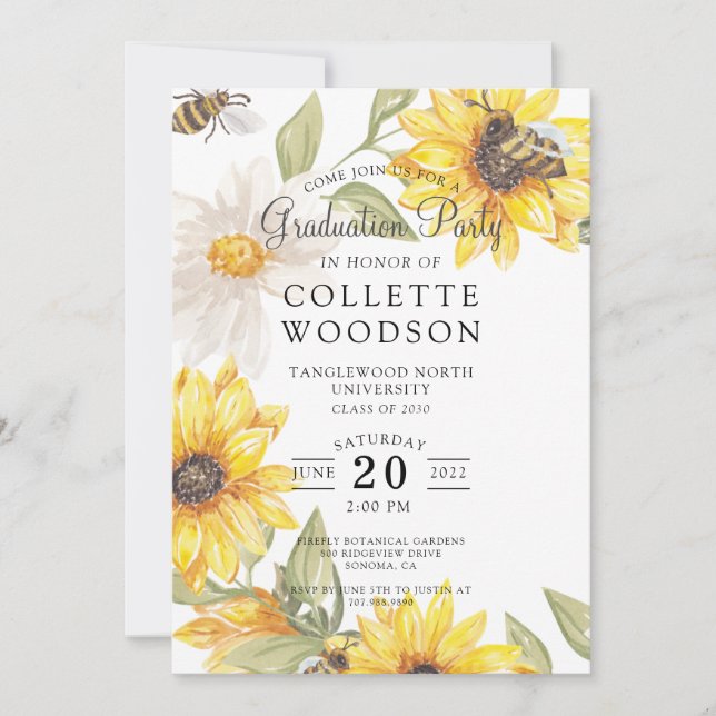 Watercolor Sunflowers Greenery Graduation Party Invitation (Front)
