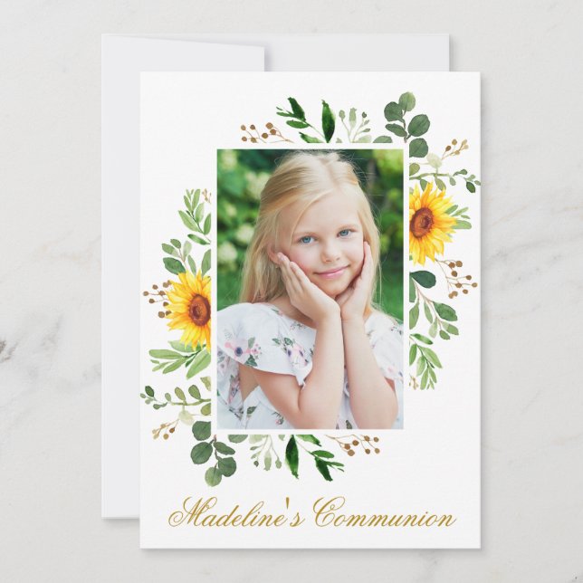 Watercolor Sunflowers Greenery Photo Communion Invitation (Front)