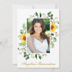 Watercolor Sunflowers Greenery Photo Quinceanera Invitation
