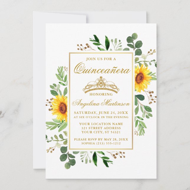 Watercolor Sunflowers Greenery Quinceanera Gold Invitation (Front)