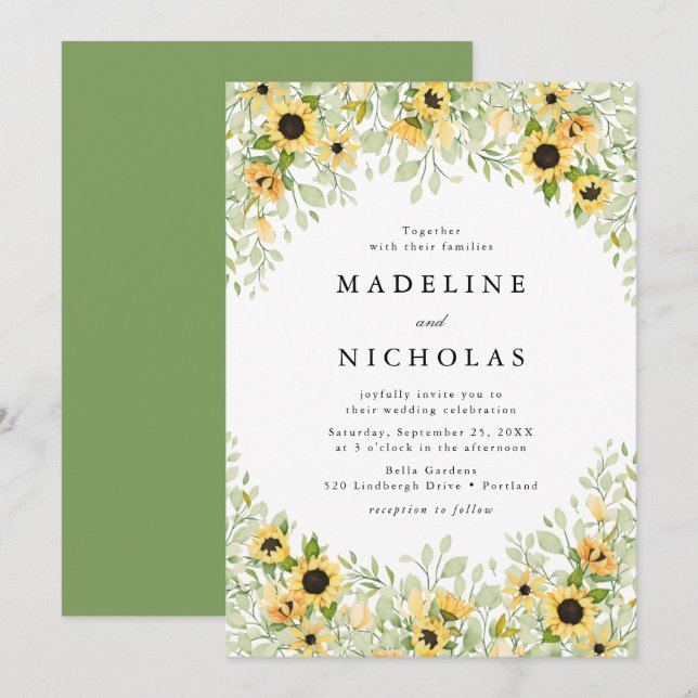 Watercolor Sunflowers & Greenery Wedding Invitation (Front/Back)