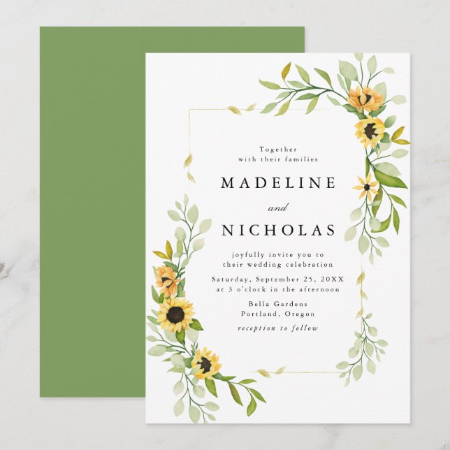Watercolor Sunflowers & Greenery Wedding Invitation (Front/Back)