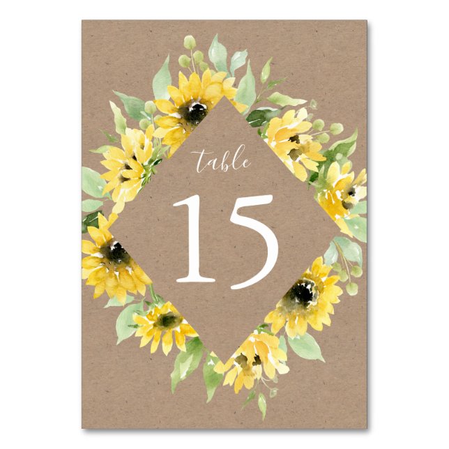 Watercolor Sunflowers Kraft Paper | Wedding Table Number (Front)