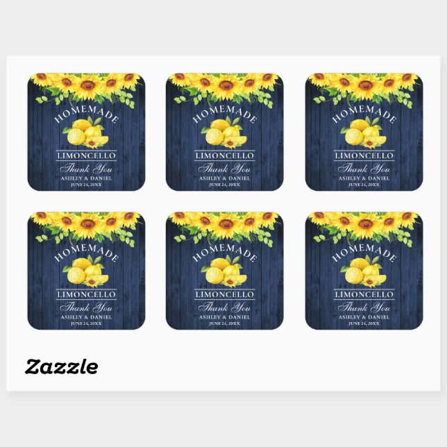 Watercolor Sunflowers Lemons Limoncello Blue Wood Square Sticker (Sheet)