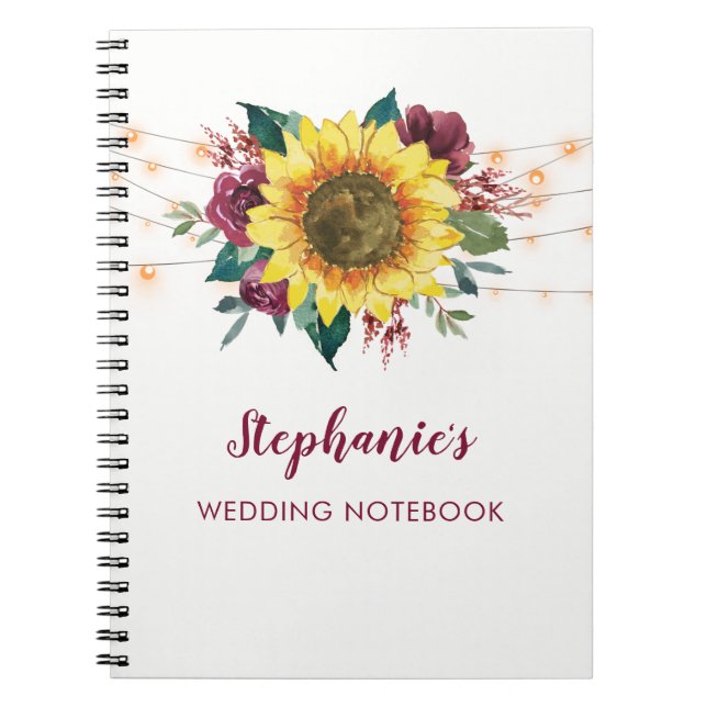Watercolor Sunflowers Lights Personalised Wedding Notebook (Front)