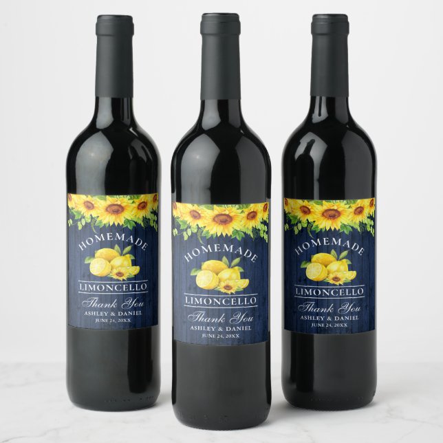 Watercolor Sunflowers Limoncello Blue Wood Labels (Bottles)