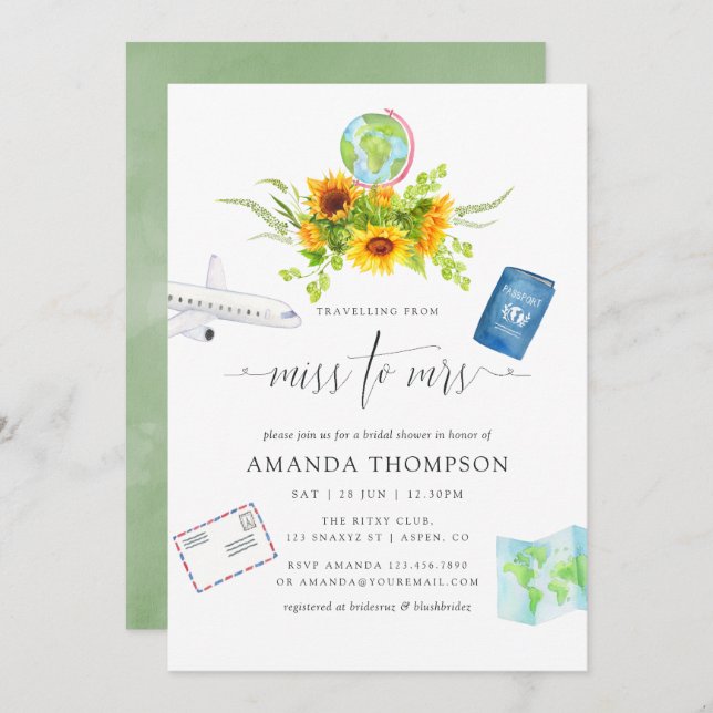Watercolor Sunflowers Miss To Mrs Bridal Shower Invitation (Front/Back)