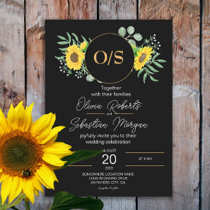 Watercolor Sunflowers Monogram Black Wedding Invitation