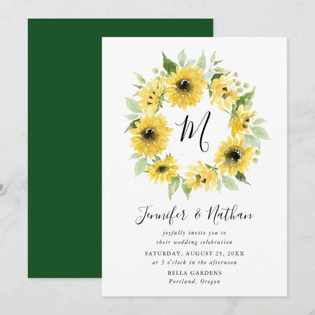 Watercolor Sunflowers Monogram Wreath | Wedding Invitation (Front/Back)
