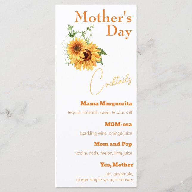 Watercolor Sunflowers Mother's Day Cocktails Menu (Front)
