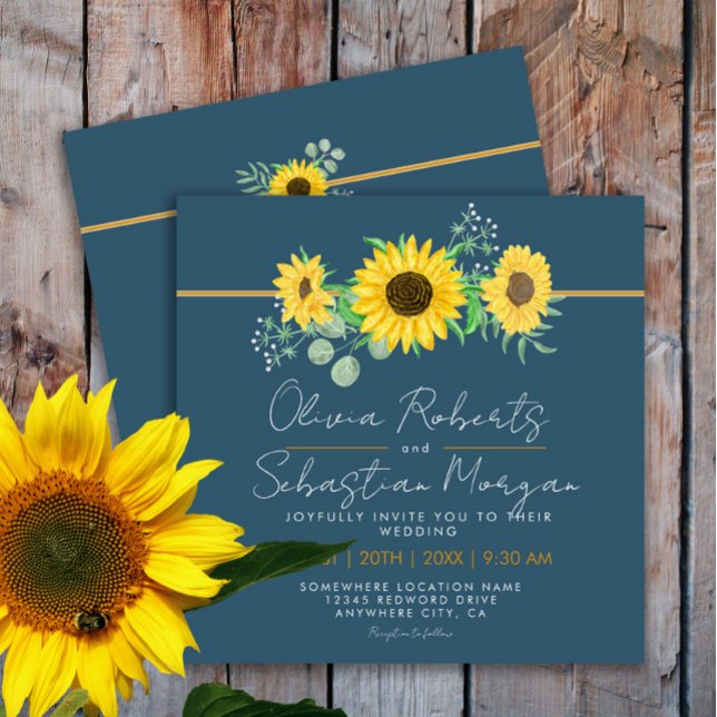 Watercolor Sunflowers Navy Blue Square Wedding Invitation (Creator Uploaded)