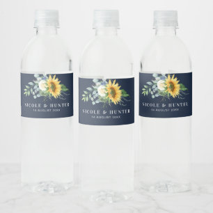 watercolor sunflowers navy blue wedding  water bottle label