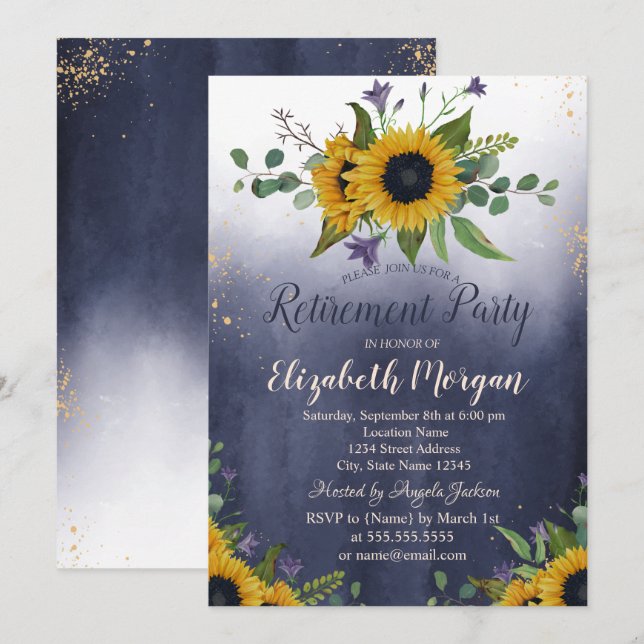 Watercolor Sunflowers Ombre Blue Retirement  Invitation (Front/Back)