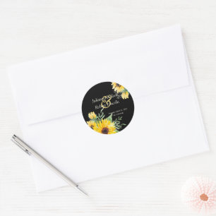 Watercolor sunflowers on black wedding classic round sticker