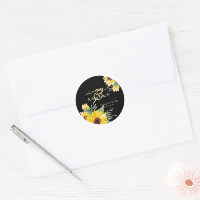 Watercolor sunflowers on black wedding   classic round sticker (Envelope)