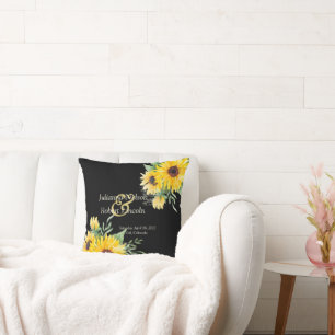 Watercolor sunflowers on black wedding cushion