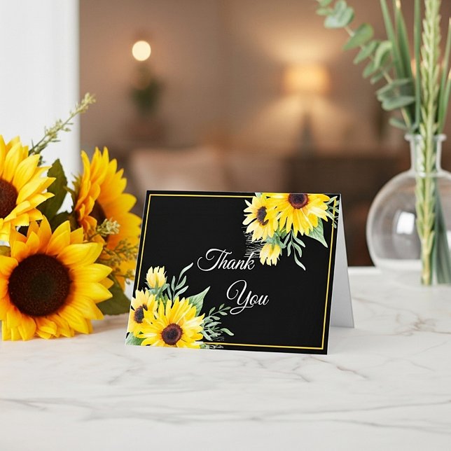 Watercolor sunflowers on black wedding   thank you card (Creator Uploaded)